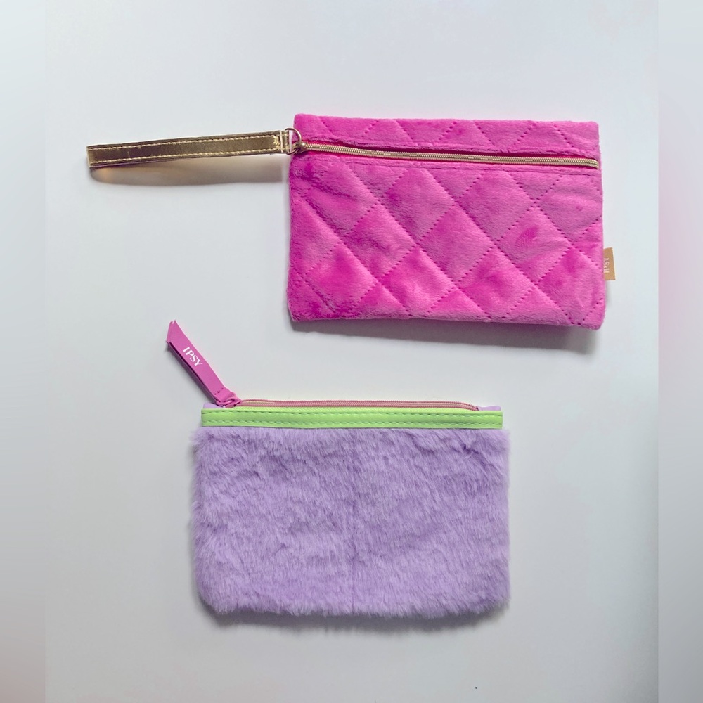 Ipsy Cosmetic Bags Set of 2 Make-Up Bags Pink & Purple Fuzzy Zipper Pouch